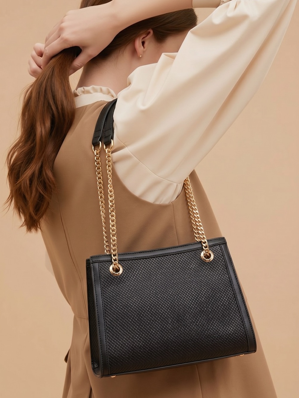 Miztique Black Woven Shoulder Bag with Gold Chain Straps